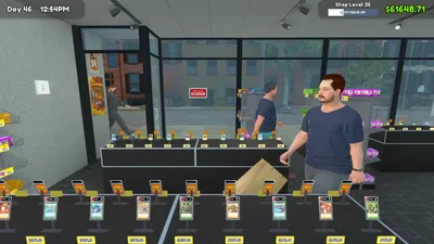 A customer paying at the shop counter with stocked shelves behind