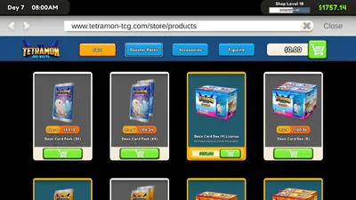 In-game product page listing booster packs and boxes for sale
