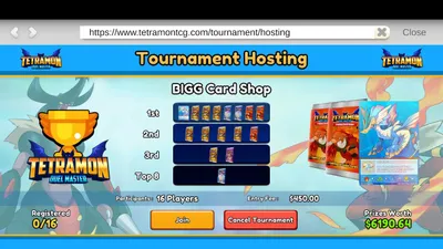 In-game tournament hosting screen showing a bracket and entry fee