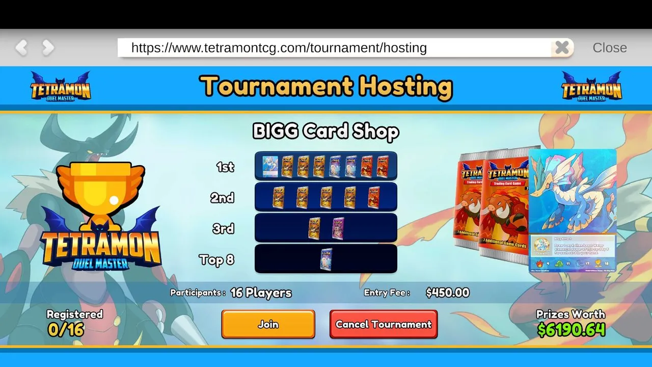 In-game tournament hosting screen showing a bracket and entry fee