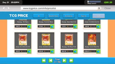 In-game price app listing cards with their market values
