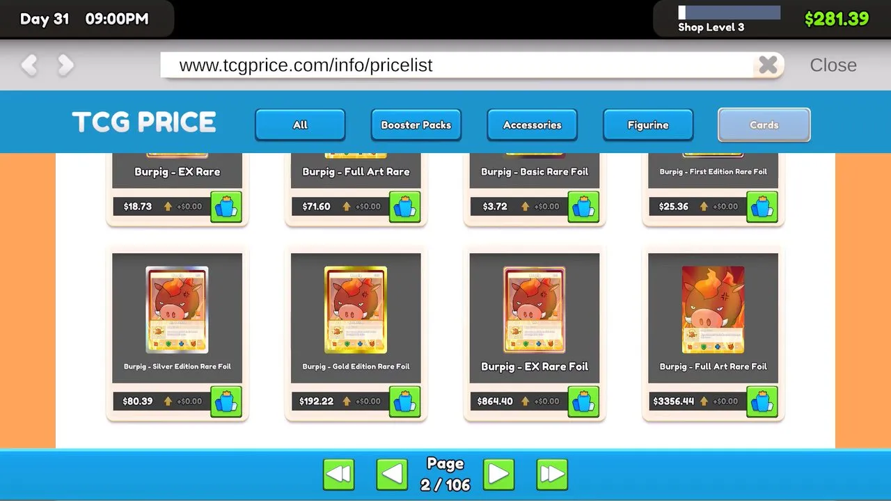 In-game price app listing cards with their market values