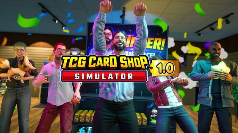 1.0 launch key art with the game logo and a cheering shopkeeper
